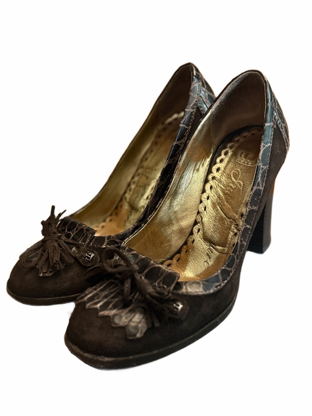 Y2K Juicy Couture Brown Suede Croc Block Heel 5.5